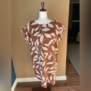 Garnet Hill Womens 100% Linen Shift Dress Brown Size XL Pocket Boho Printed